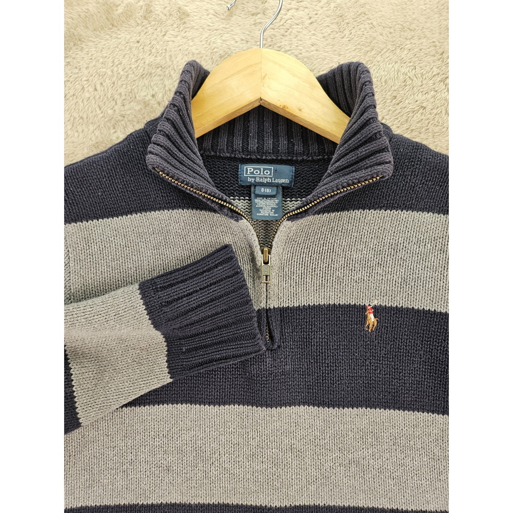 Polo By Ralph Lauren Navy and Gray Striped Quarter-zip Sweater Boys Size S (8)